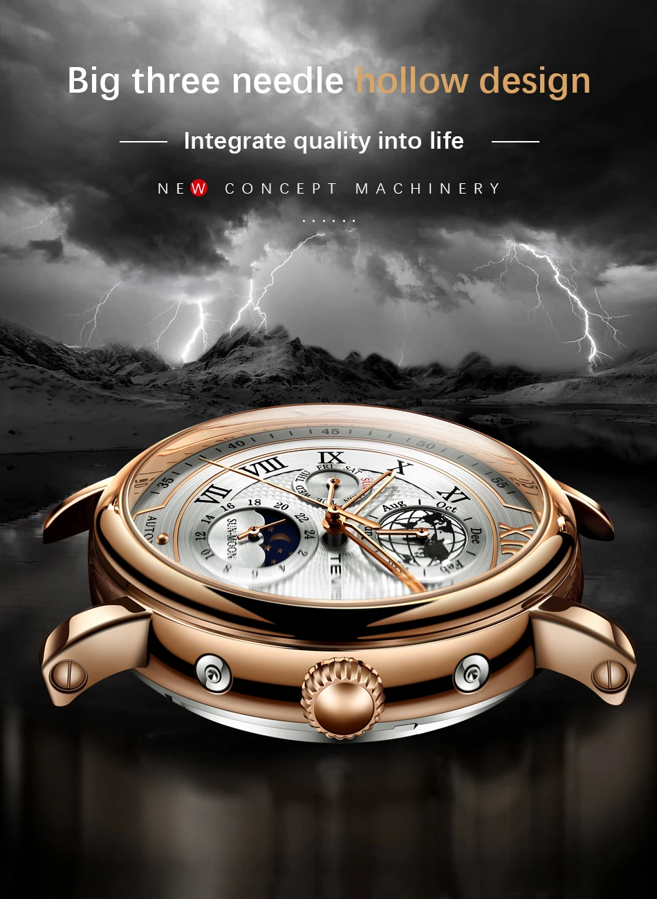 2021 TEVISE Business Waterproof Mens Mechanical Watches Top Brand Luxury Leather Watch For Men Moon Phase Automatic Wristwatch