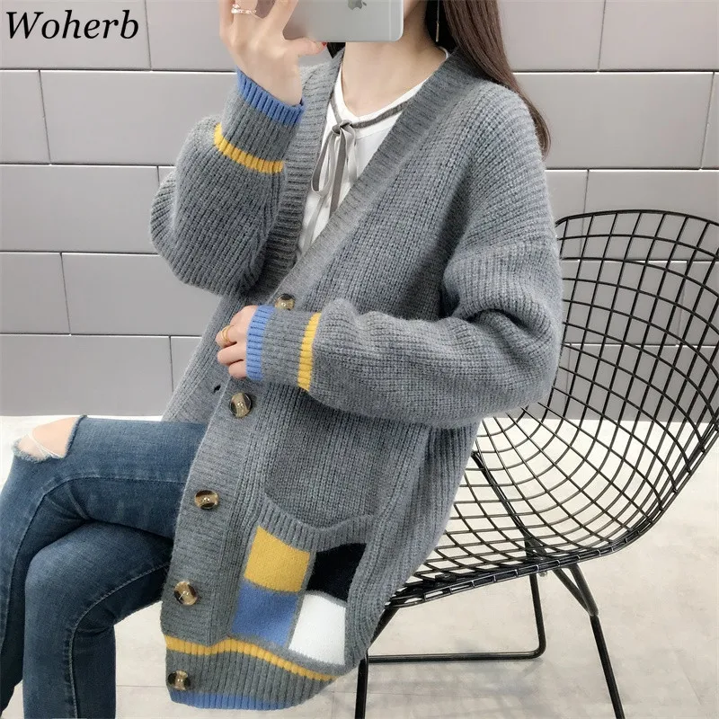Woherb осень кардиган женский вязаный длинный свитер женский джемпер красочные карманы пуловеры Свободный Повседневный трикотаж