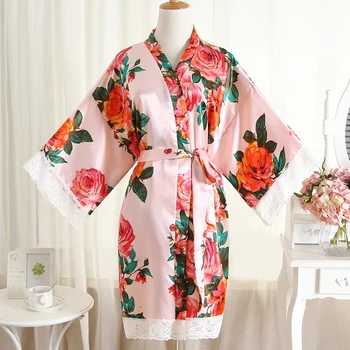 

Sexy Casual Women Lace Side Wedding Robe With Belt Print Flower Kimono Robe Bath Gown Home Clothes Sleepwear Intimate Lingerie