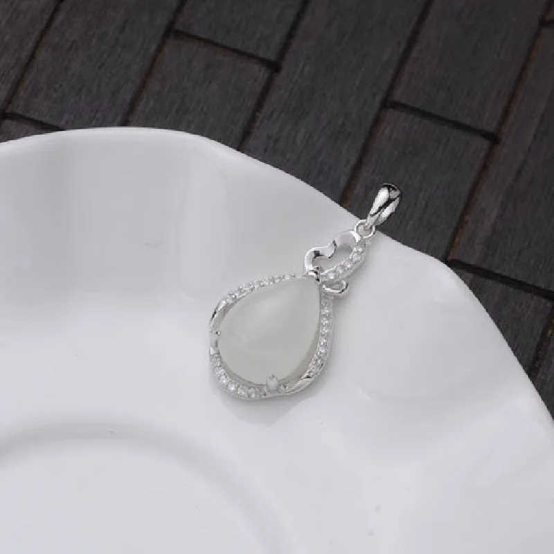 S925 Silver Inlaid Natural Hetian Jade Sheep Fat White Jade Drop Shaped