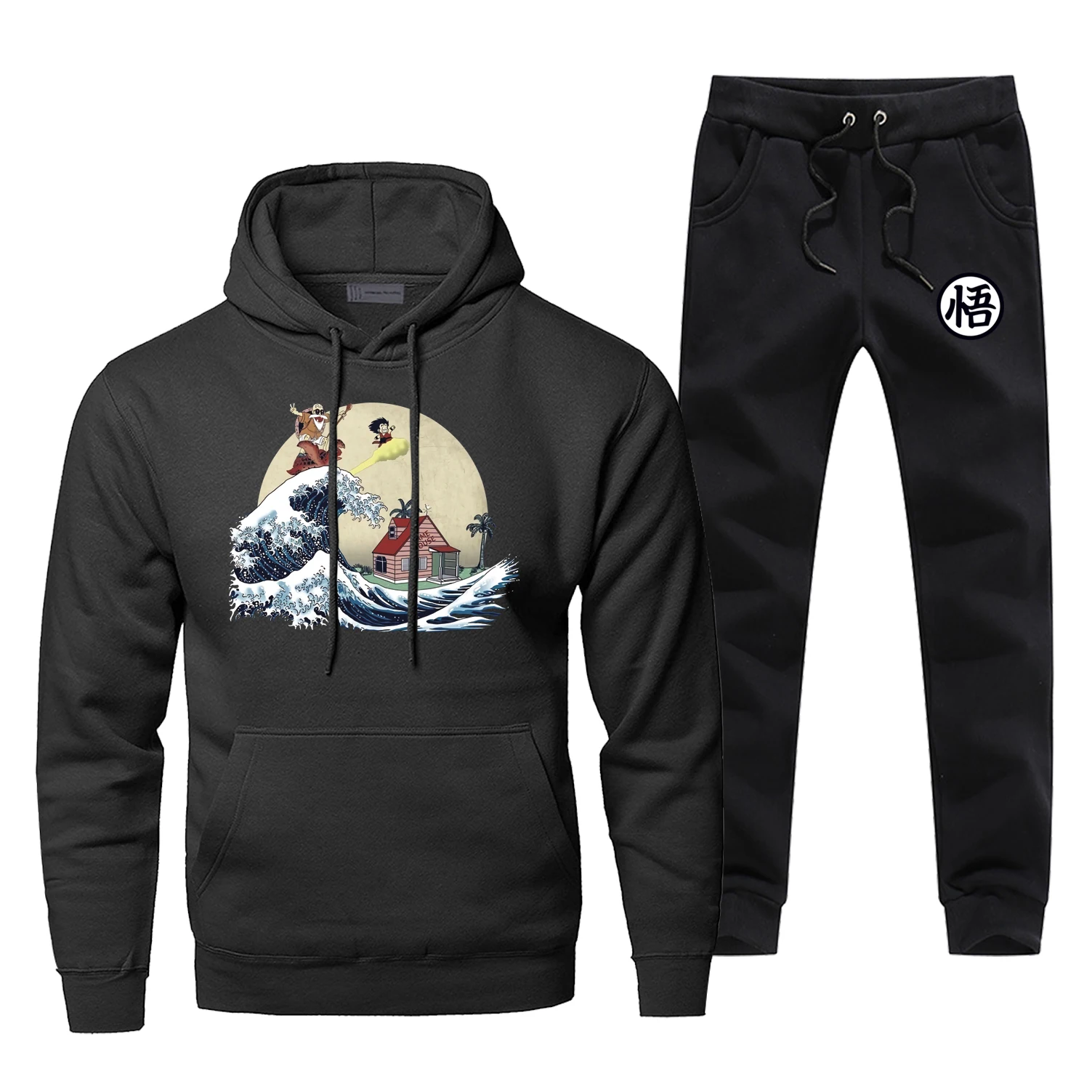Classic Japan Anime Hoodies Dragon Ball Ocean Waves Master Roshi Men's Fleece Hoodie+pants Sets Casual Winter Warm Sportswear