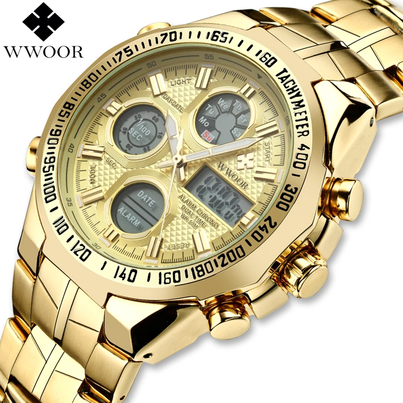 WWOOR orologi da uomo di marca cronografo orologio sportivo da uomo doppio  Display quarzo LED quadrante digitale grande orologio da polso in oro  impermeabile - AliExpress Watches