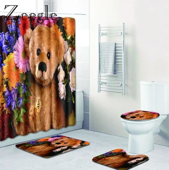 

Zeegle 4PCS Printed Toilet Seat Cover Set Absorbent Non-Slip Bathroom Rug Bath Mat Set Shower Carpet Soft Flannel Floor Mats
