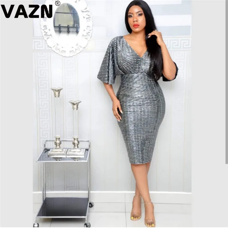 VAZN High Gray Весенние Новые повседневные пикантные женские облегающие платья до колена женские рубашки с v-образным вырезом и коротким рукавом