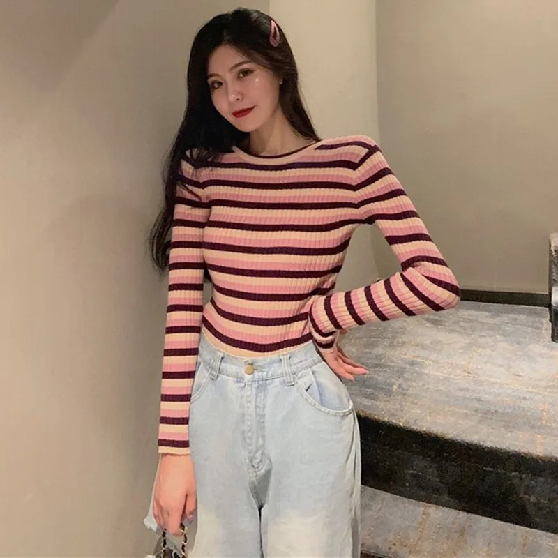 

Women Striped Sweater Autumn Casual Knitted Pullovers Tops Korean Fashion Round Neck Long Sleeve Sweaters Female Truien Dames