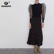 ROHOPO Red Floral Black Midi Skirt Autumn Ladies Maxi Multiways High Waist Flared Falda #1270