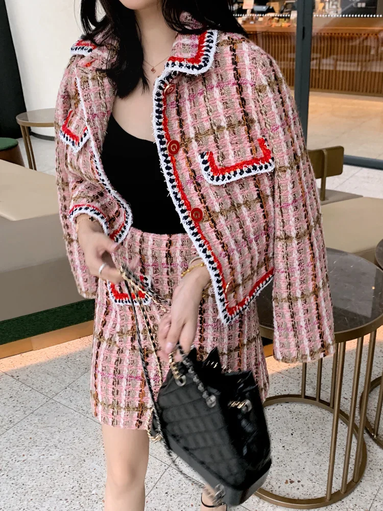

2019 Autumn Dress Women Elegant and Thin Jacket Hip Half-skirt Two-piece Suit Turn-down Collar Single Breasted Two Piece Sets