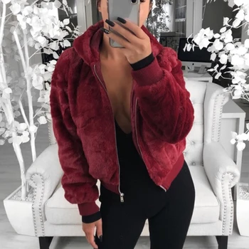 

2020 New Faux Fur Women Coat With Hood High Waist Fashion Slim Black Red Pink Faux Fur Jacket Fake Rabbit Fur Coats