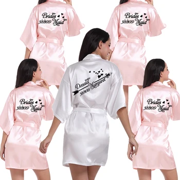 

Personalized Custom Name Date Wedding Robe Bride Bridesmaid Faux Silk Party Gift Kimono Bachelorette Wedding Preparewear Pajamas
