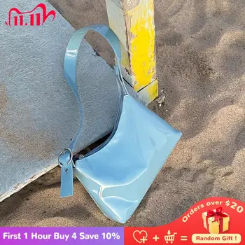 

Fashion PU Patent Leather Women Handbags Simple Ladies Baguette Shoulder Bags Luxury Design Female Armpit Bag Tote Green Blue