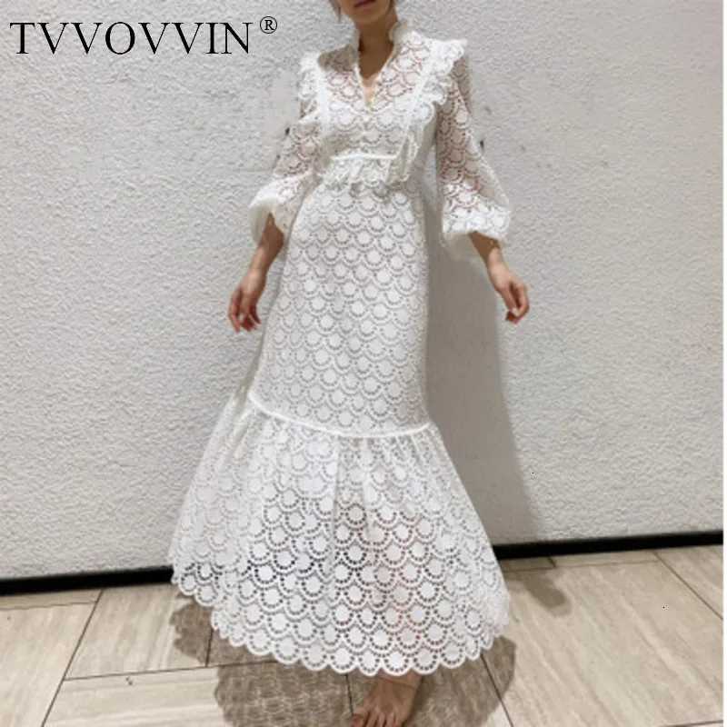 TVVOVVIN женское платье стоячий воротник фонарь рукав выдалбливают винтажные летние платья белые кружевные перспективные Длинные платья L429