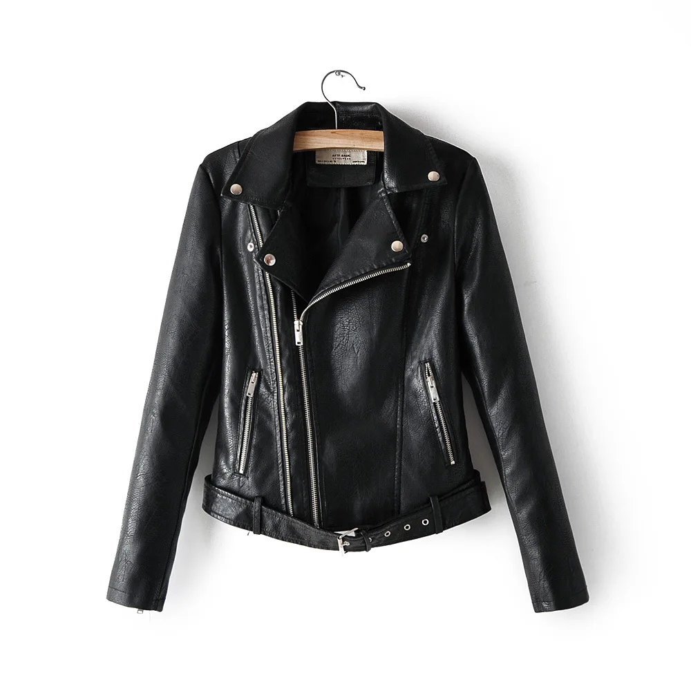 New Fall Women's Short PU Leather Jacket Red Black Yellow Rivet Cool Motorcycle Gothic Coat With Belt Trench Coat Outwear - Цвет: Black