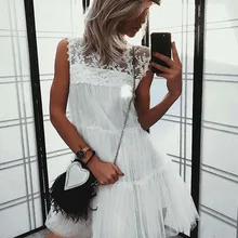 A-Line платье для выпускного вечера круглый вырез без рукавов Белый Тюль платье для выпускного вечера с кружевом