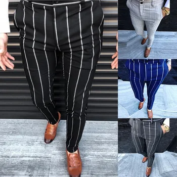 

2019 Mens Slim Fit Skinny Pants For Men Trousers Plaid Design Fashion Clothing Grey With Stripe Casual Solid Color Suit Pant