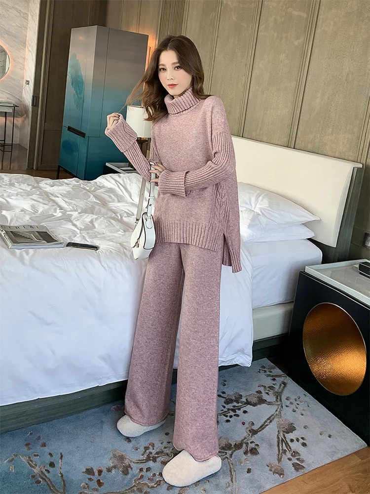 JXMYY Sweater Set Women Tracksuit Spring Autumn Knitted Suits 2 Piece Set Warm Turtleneck Sweater Pullovers Wide Legs Pants ladies loungewear Women's Sets