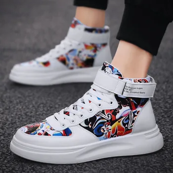 

Men PU Leather High Top Sneakers Lace Up Running Sports Tennis Shoes Casual Leisure Print Walking Shoes