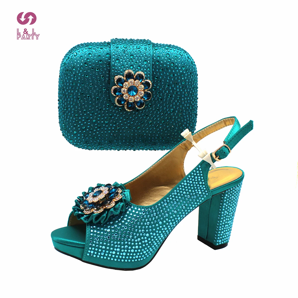 Italienischen Frauen Party Schuhe und Tasche Set in Teal Farbe Hohe Qualität Komfortable Heels mit Shinning Kristall für Weihnachten