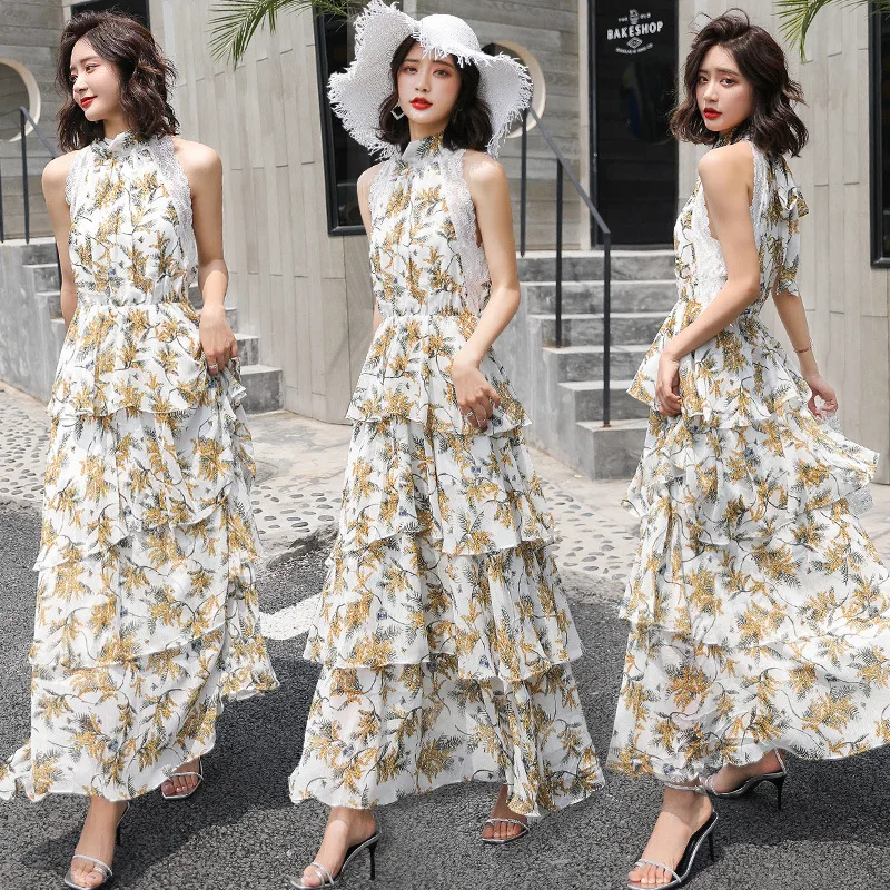 

2019 Summer New Style French Sleeveless Lace Edge Joint Iris Printed High-waisted Mid-length Cake Dress