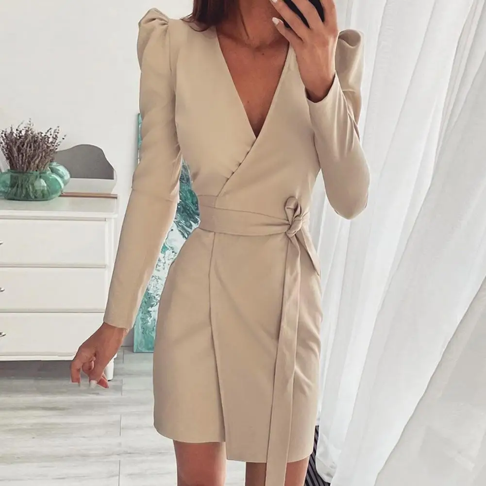 

Comfortable Fashionable V-neck Pullover Solid Ladies Dress Mid-Calf Female Dress Lace Up for Office