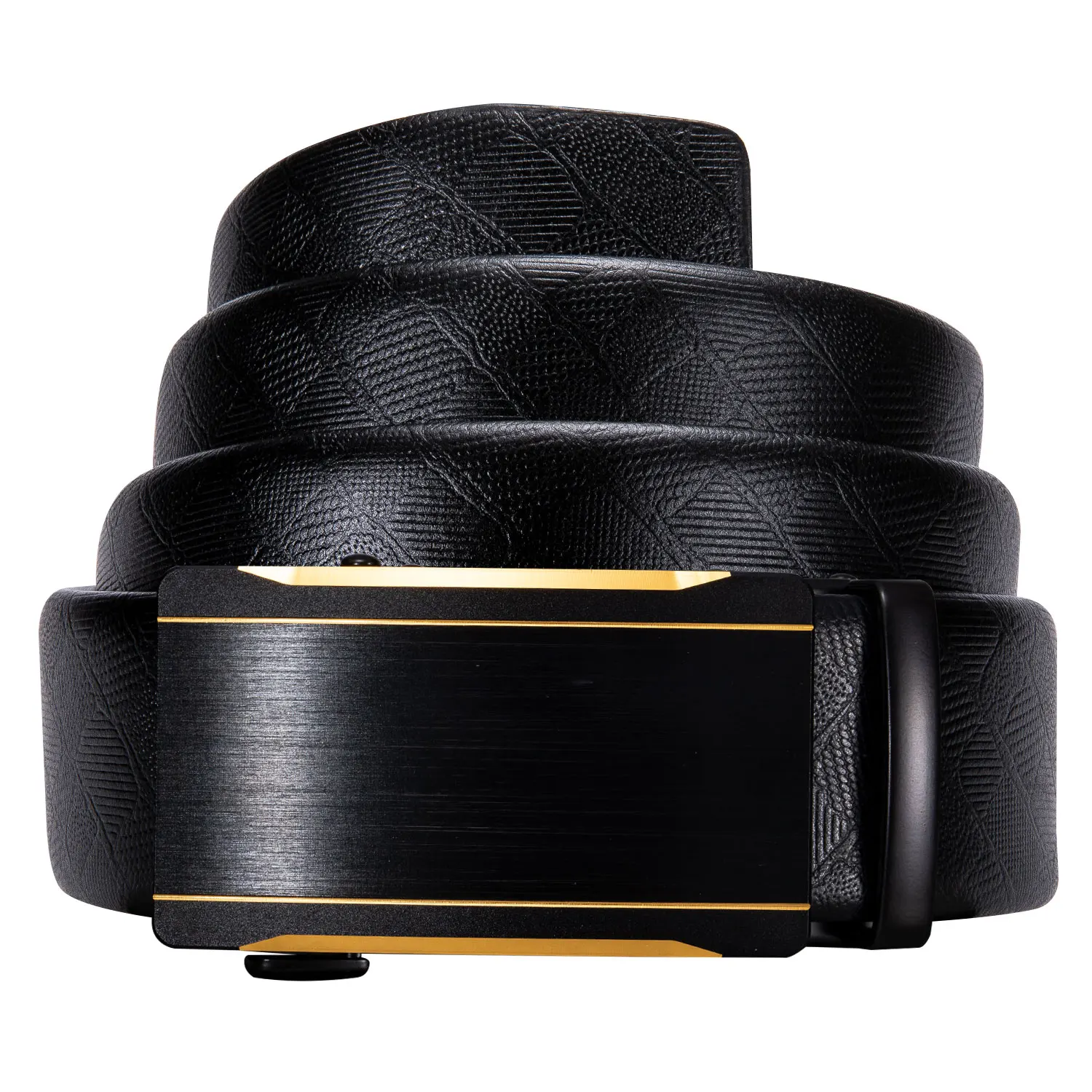 

Belt for Men Black Leather Belt Gold Stripe Automatic Slide Buckle Square Buckle Waist Strap for Wedding Business Barry.Wang