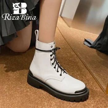 

RIZABINA New Women Ankle Boots Lace Up Genuine Leather Short Boots Women Fashion Cool Thick Bottom Boots Woman Size 33-40