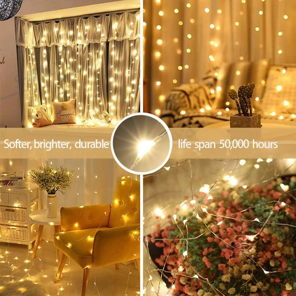 300 LED 창 커튼 스트링 라이트, 웨딩 파티 홈 가든 침실, 야외 실내 벽 장식