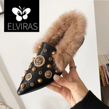 ELVIRAS; коллекция года; зимние женские лоферы из кроличьей шерсти; Повседневная обувь без застежки с острым носком и заклепками; водонепроницаемые мокасины на плоской подошве с мехом; zapatos mujer