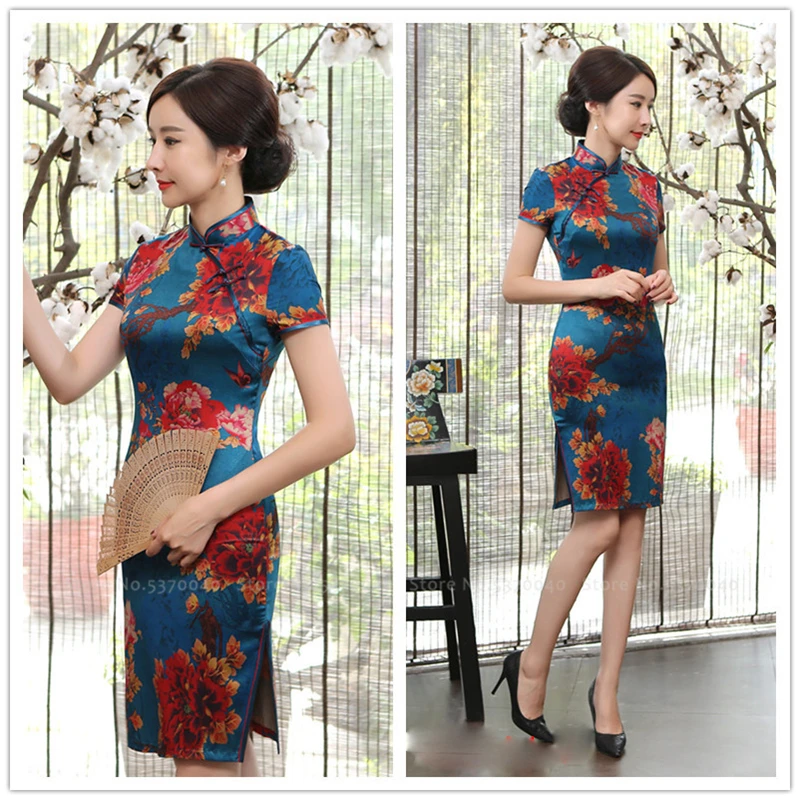 Женское ретро платье Cheongsam с цветочным принтом, традиционное китайское Hanfu, Дамское элегантное Сексуальное Тонкое атласное свадебное платье Qipao, винтажный костюм в стиле Тан