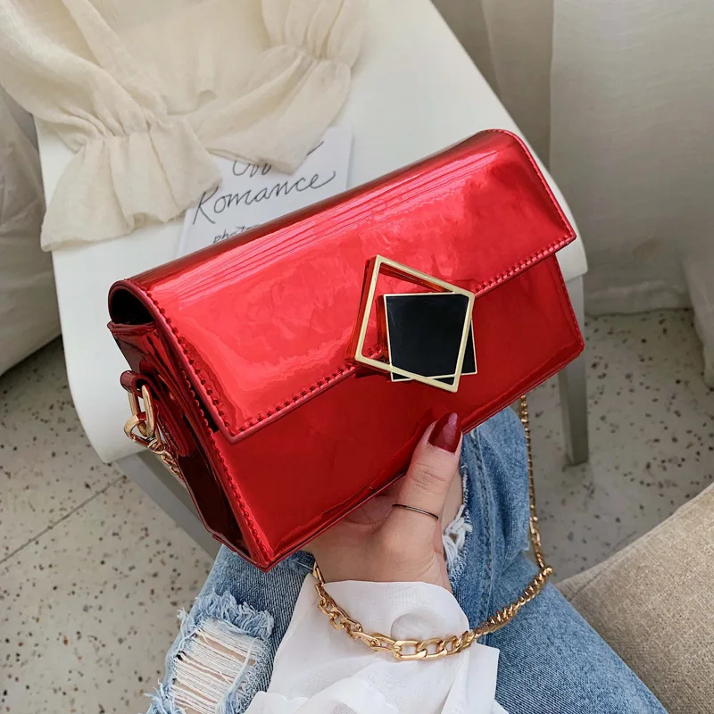 

Patent Leather Simple Chain Shoulder Bag Summer Hipster Bag WOMEN'S Bag New Style 2019 bai da xiao Square Bag Fashion