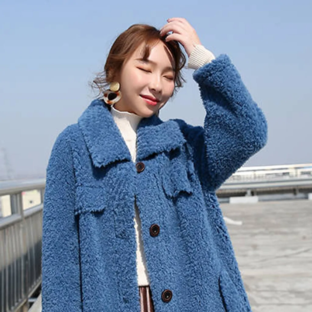Womail fur coats china winter Fashion Long Sleeve Sweater Button Solid Casual Warm Outerwear thick faux fur coat women