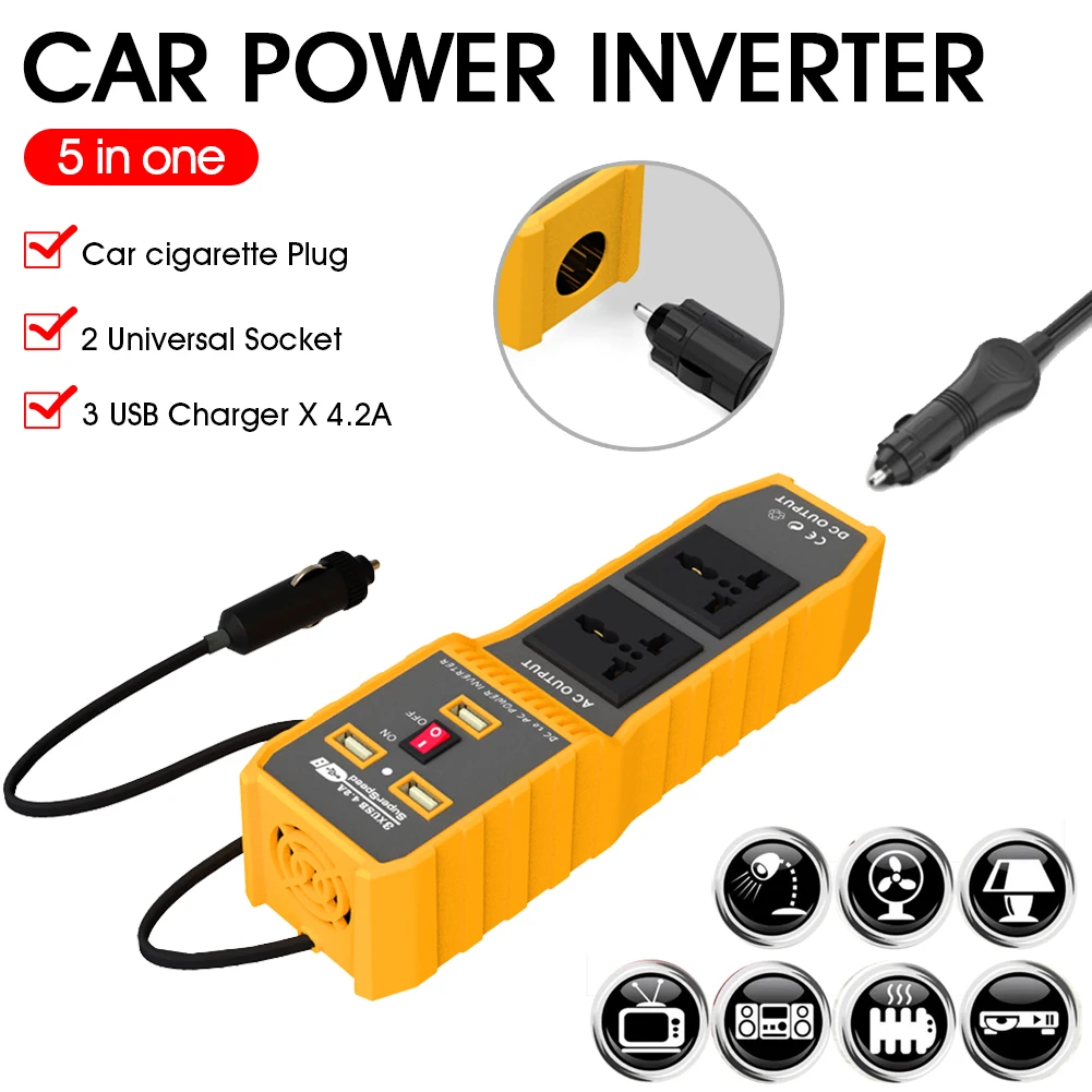 200W Car Power Inverter DC 12V to AC 220V/110V Modified Sine Wave Converter with 2 Sockets & One Cigar Lighter Port 3 USB | Автомобили
