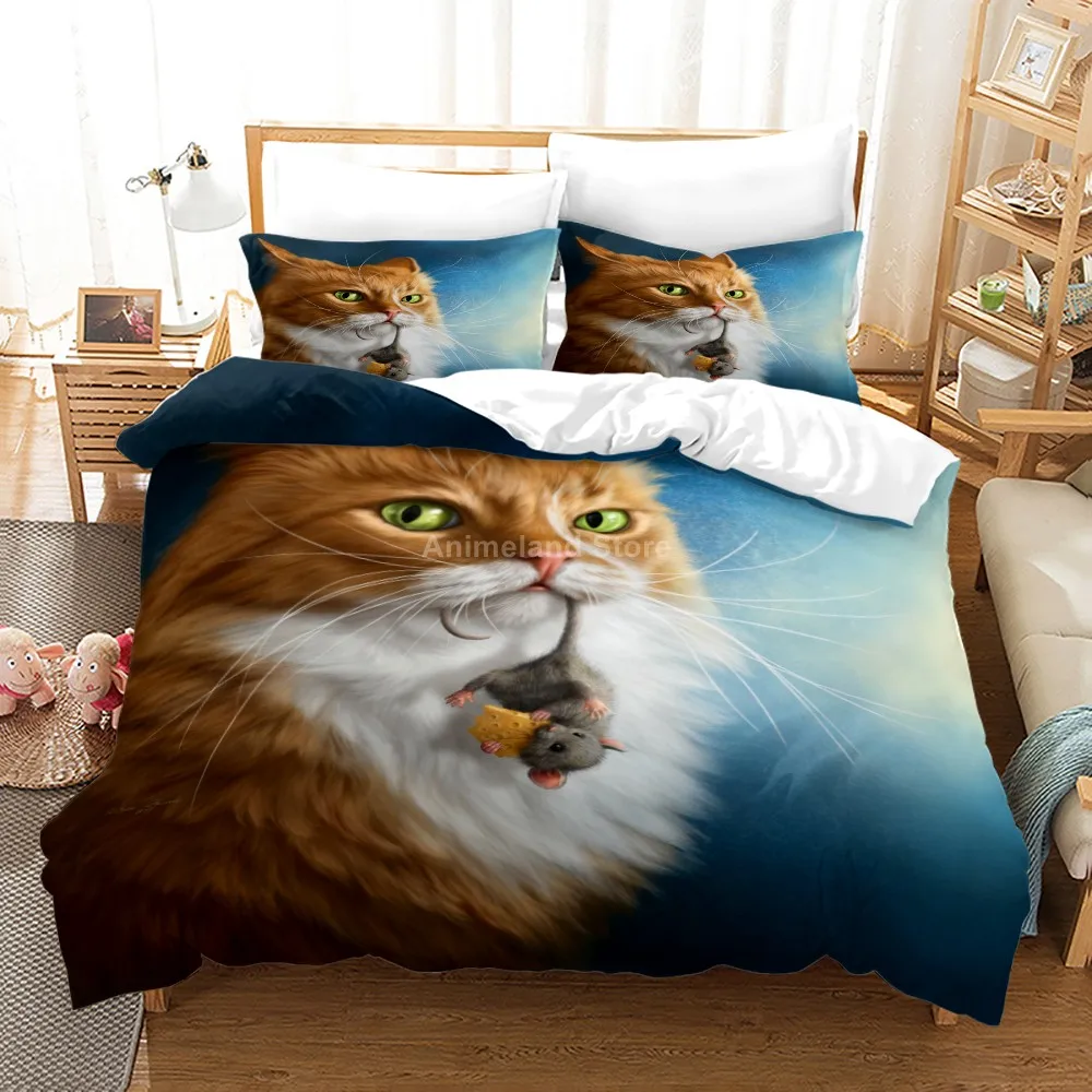 Cute Cat Bedding Set Animal Yellow 3D Print Comforter Kids Duvet Cover