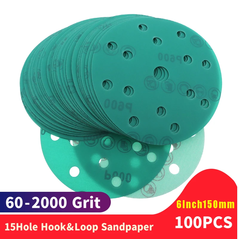 100pcs 6Inch 15 Holes 60-2000 Grits Hook and Loop  PET film  Green Sanding Discs 150mm  sanding discs