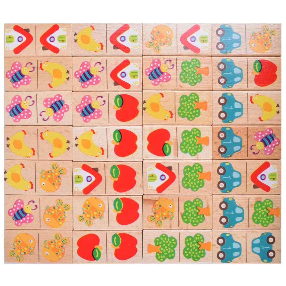 low cost  28Pcs/Set Wooden Fruit Car Pairing Domino Puzzle Blocks Children Educational Toy Kid Gift