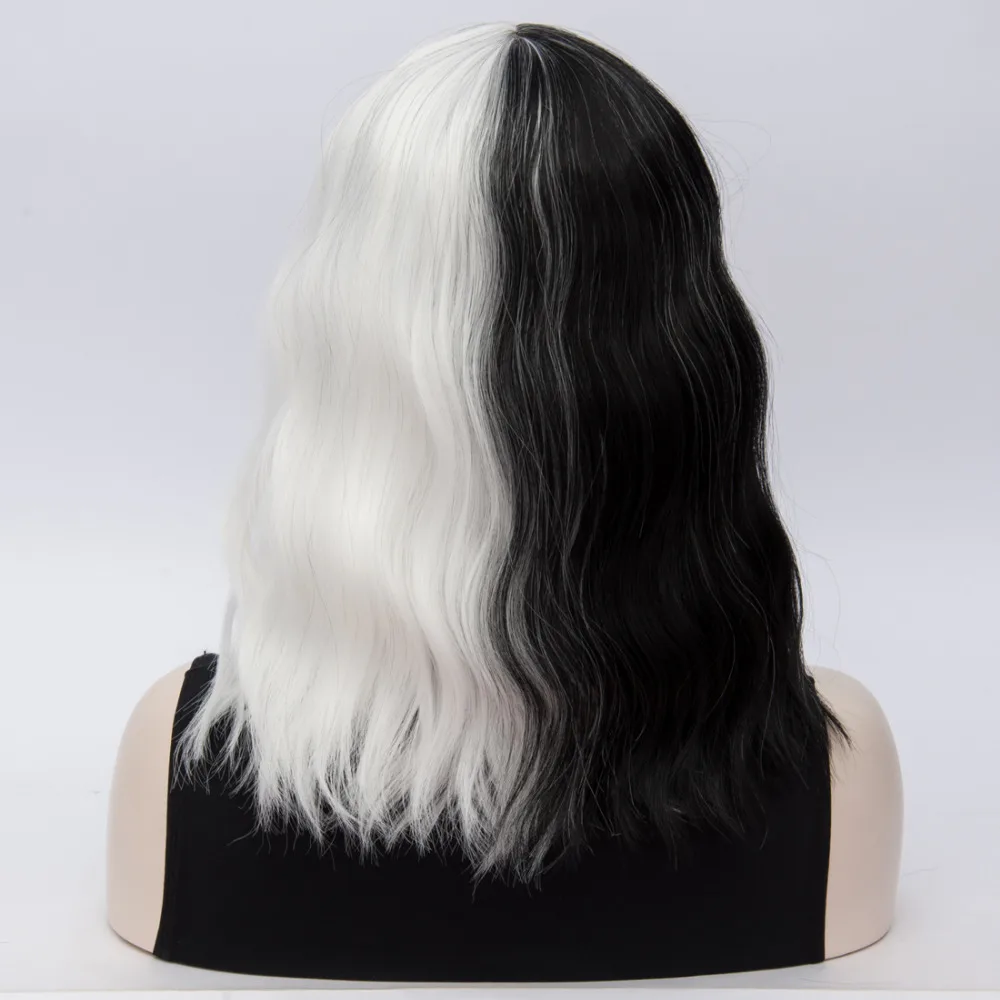 CRUELLA Deville De Vil Cosplay Wigs Curly Half White Half Black Heat Resistant Synthetic Hair Wig + Wig Cap