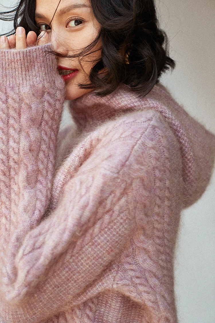Женский свитер, зимний теплый толстый розовый пуловер, свитер, шерстяной скрученный мохер с капюшоном, Свободный пуловер, Femme Nouveaute