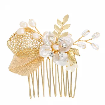

Elegant Gold Wedding Headdress Pearl Alloy Bridal Hair Comb For Hair Handmade Wedding Hair Ornaments For Women FS158