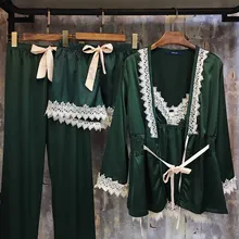 Ночной халат набор для женщин 4 шт. сексуальный Шелковый Атласный кружевной длинный рукав эластичный элегантный Халат домашний костюм Пижама домашняя одежда