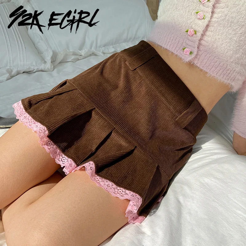

Y2K EGIRL 2000s Aesthetics Patchwork Corduroy Pleated Skirts Autumn Indie Lace Trim High Waist Brown Skirt Fashion Cute Bottoms