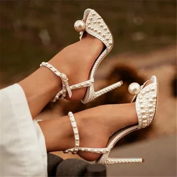 

2020 Fashion Ankle Strap Pearl Sandals Luxury Designer Gladiator Sandalias Mujer High Heels Ladies Wedding Strippers Shoes Woman