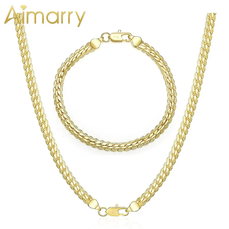 Aimarry 925 стерлингового серебра 18K золотые ювелирные изделия набор 5 мм полный Боком ожерелье браслет Ювелирные