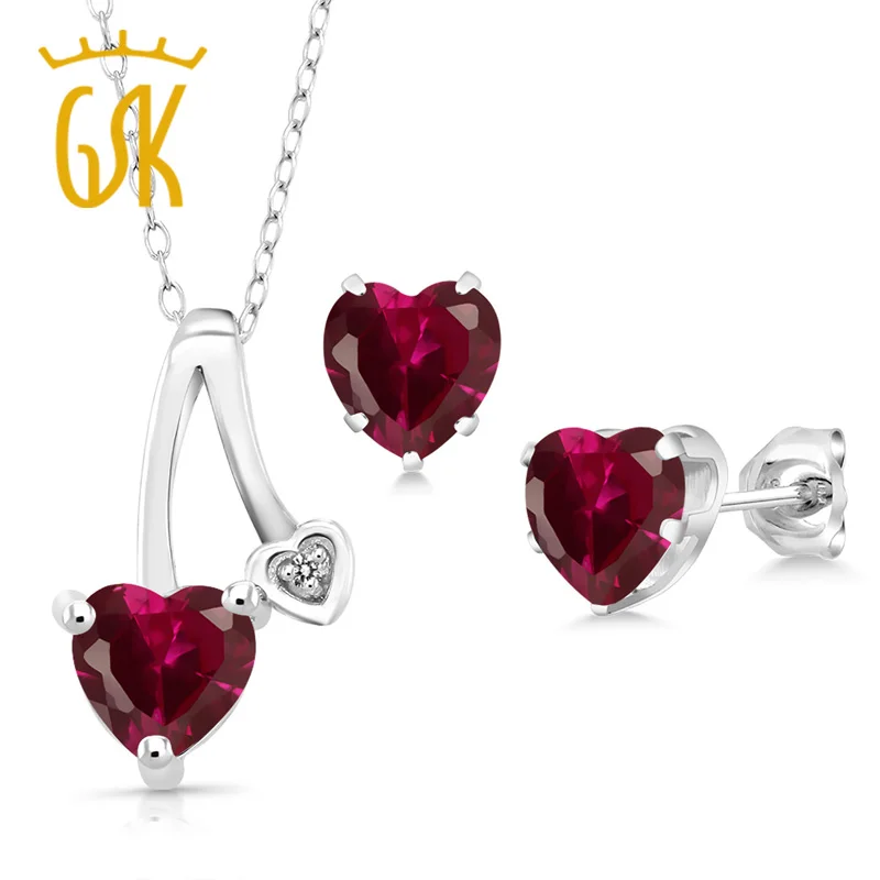 GemStoneKing 2,89 карат красный рубин белый бриллиант 925 пробы Серебряный кулон серьги набор на День святого Валентина хорошее ювелирное изделие