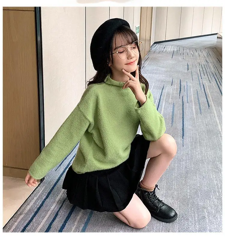 New 2020 Spring Autumn Winter Pullover Big Girls Sweater High Collar Baby Girl Sweater Fashion Kids Sweater Green White Tops (8)