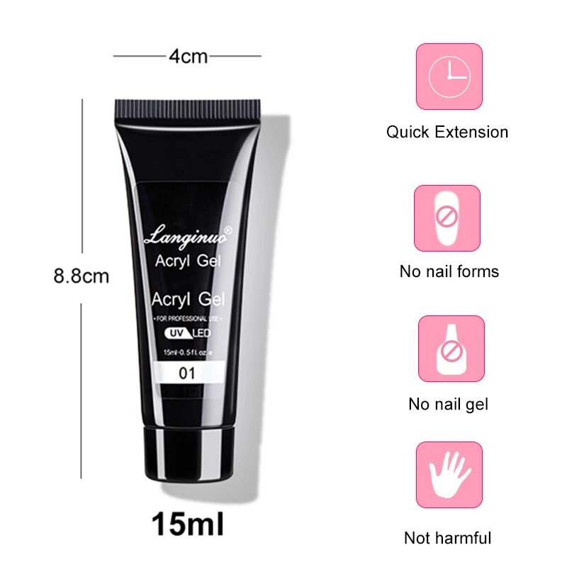 15ml Poly Nail Gel Quick Extensions Builder Extend Nail Art Acrylic Gel Varnish LED/UV Clear White Finger Form Manicure Tool