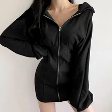 

New 2 Color Women Autumn Spring Dress Cotton Hoodie Black Ladies 2020 Fahion Solid Long Sleeves Hoody Slim Leisure Dresses S-L