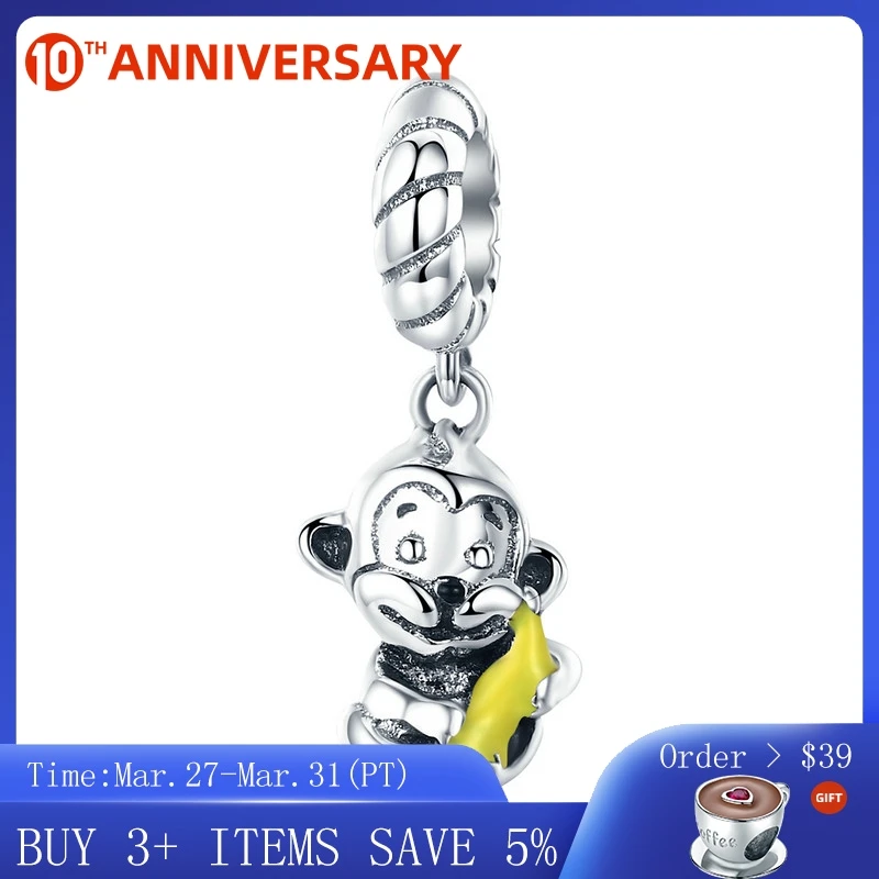 

CodeMonkey 100% 925 Sterling Silver Animal Collection Cute Monkey & Banana Love Charm fit Charm Bracelet Bangle DIY Jewelry C520