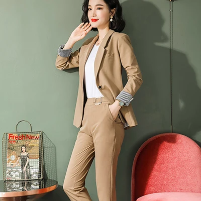 Apricot Pant Suit Женские костюмы со штанами, повседневный блейзер с воротником и длиной до щиколотки, комплект из 2 предметов, осенне-зимний костюм в абрикосовых тонах синего, розового и желтого цветов - Цвет: Apricot Pant Suit