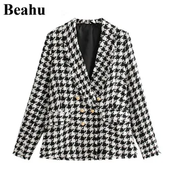 

Fashion za coat women formal black houndstooth blazer V-neck long sleeve pockets jacket female office wear coat top