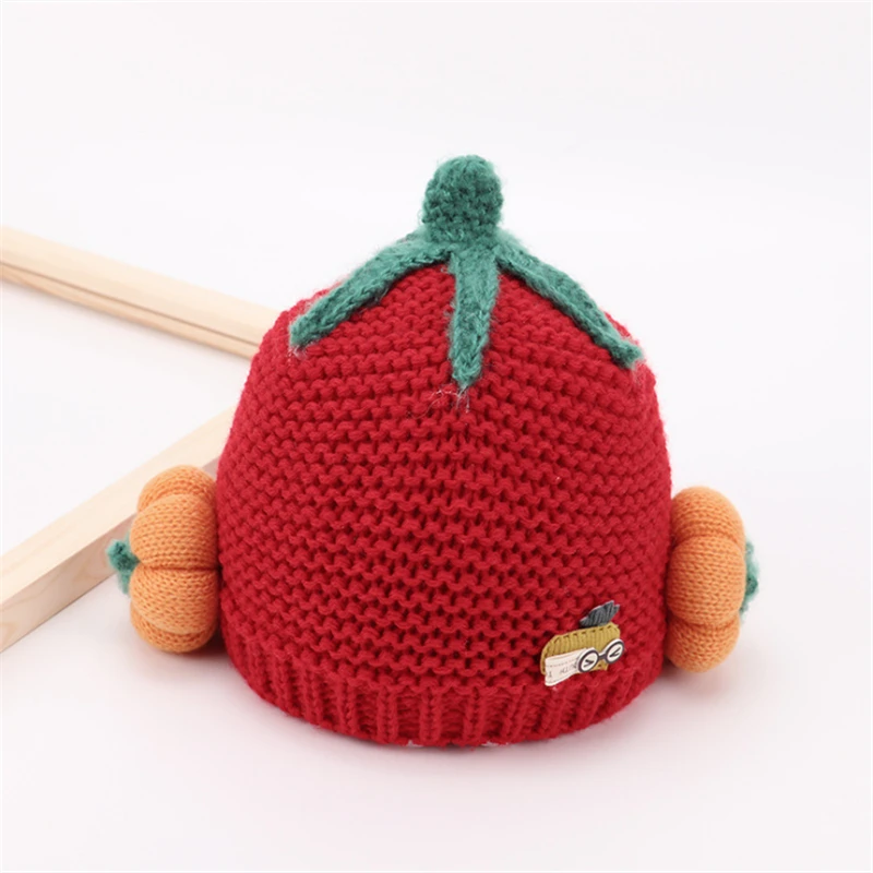 red Модные детские милые наушники с рисунком клубники; милая теплая вязаная шапка с рисунком; шерстяной утепленный пуловер и шапка - Цвет: red