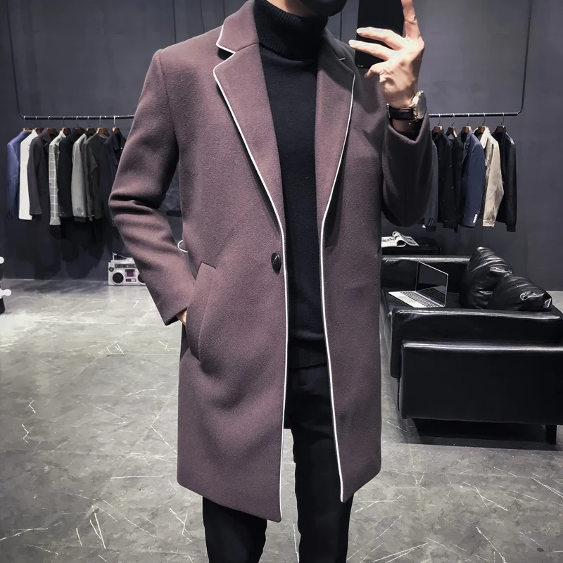 Dark grey Уличная мода Длинная зимняя куртка пальто для мужчин Винтаж Свободные повседневные новые черные толстые шерстяные ветровка с поясом Тренч - Цвет: Dark grey